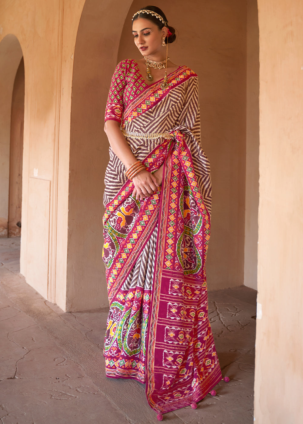 Buy MySilkLove Fawn Brown and Pink Printed Patola Silk Saree Online