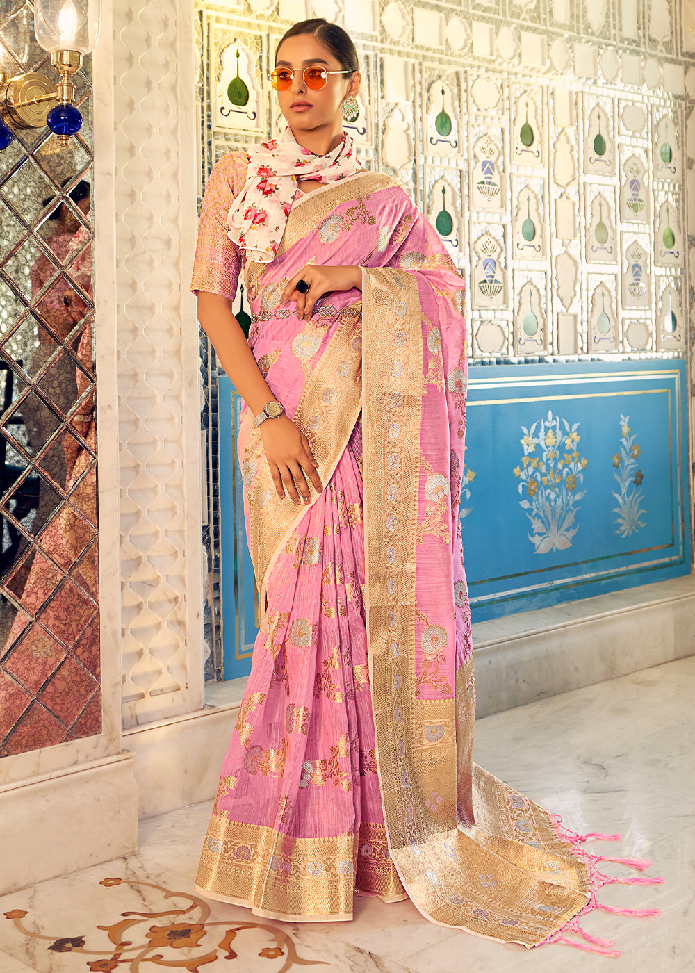 Buy MySilkLove Mauvelous Pink Zari Woven Linen Silk Saree Online