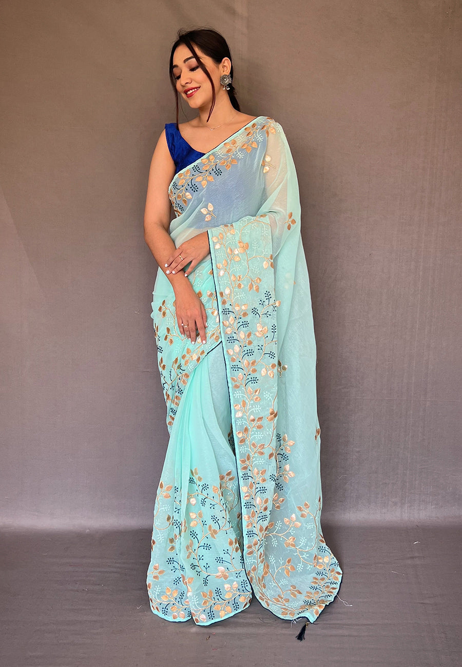 Buy MySilkLove Pale Leaf Blue Embroidered Organza Silk Saree Online