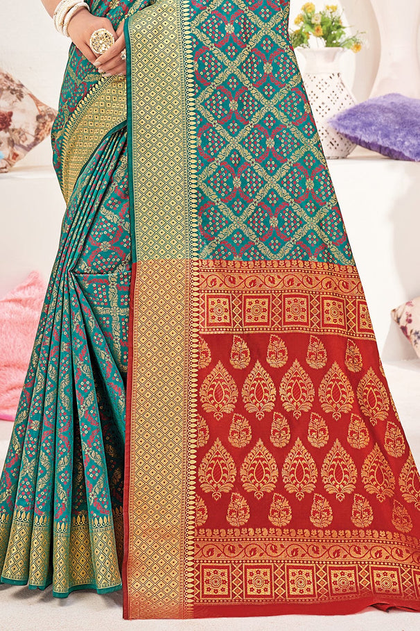 Buy MySilkLove Tradewind Blue and Red Zari Woven Patola Saree Online