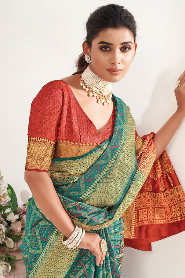 Buy MySilkLove Tradewind Blue and Red Zari Woven Patola Saree Online