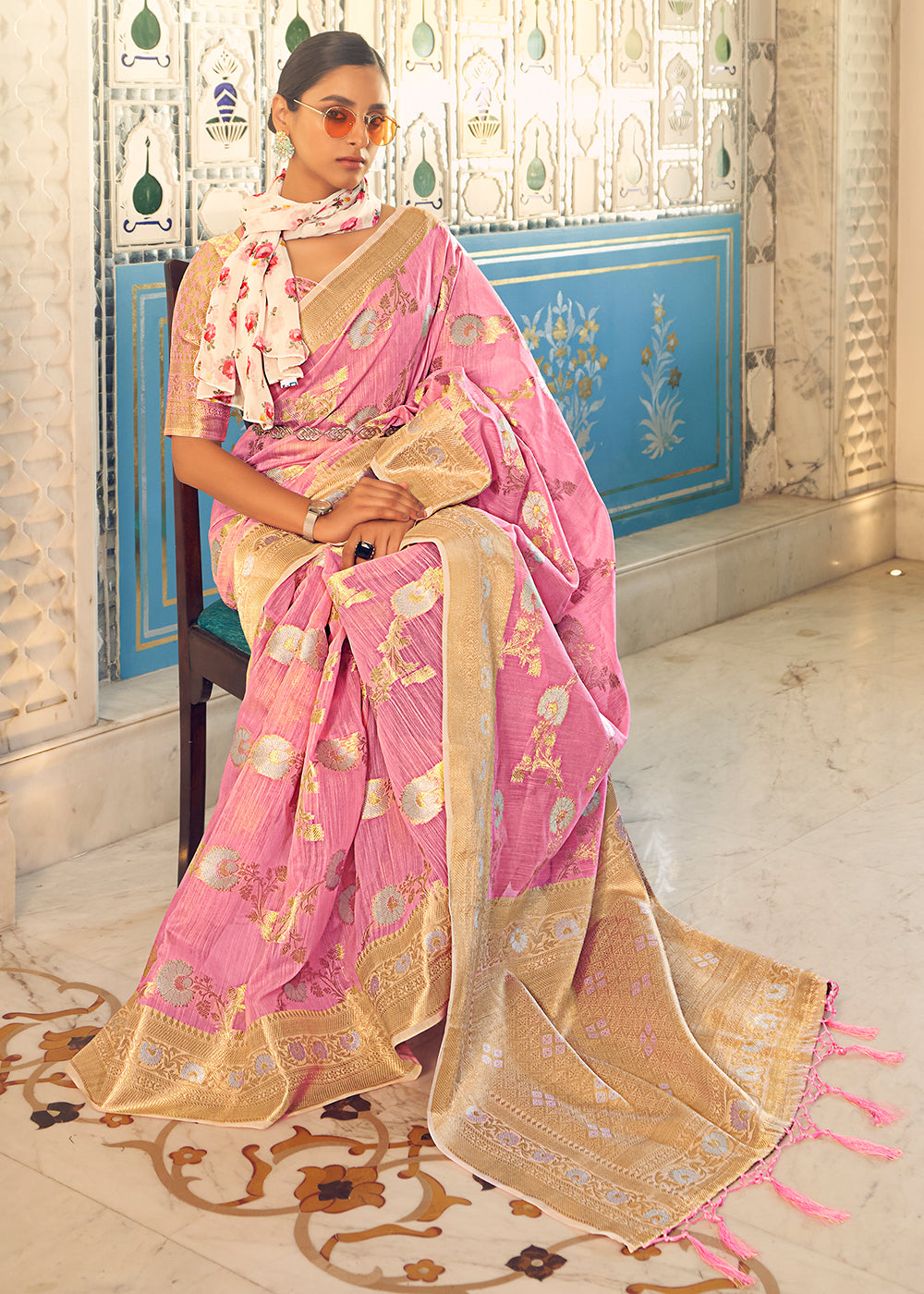 Buy MySilkLove Mauvelous Pink Zari Woven Linen Silk Saree Online