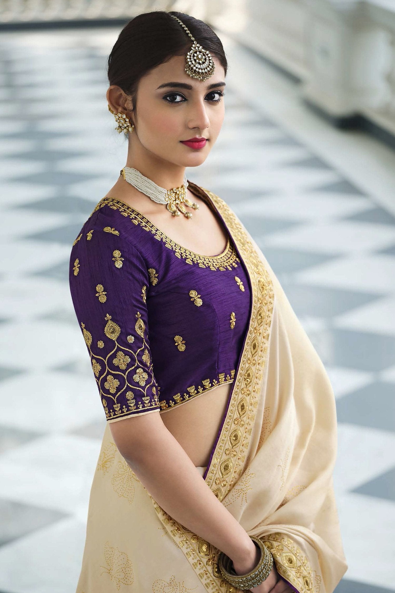 MySilkLove Hampton Cream and Purple Chiffon Stone Work Saree