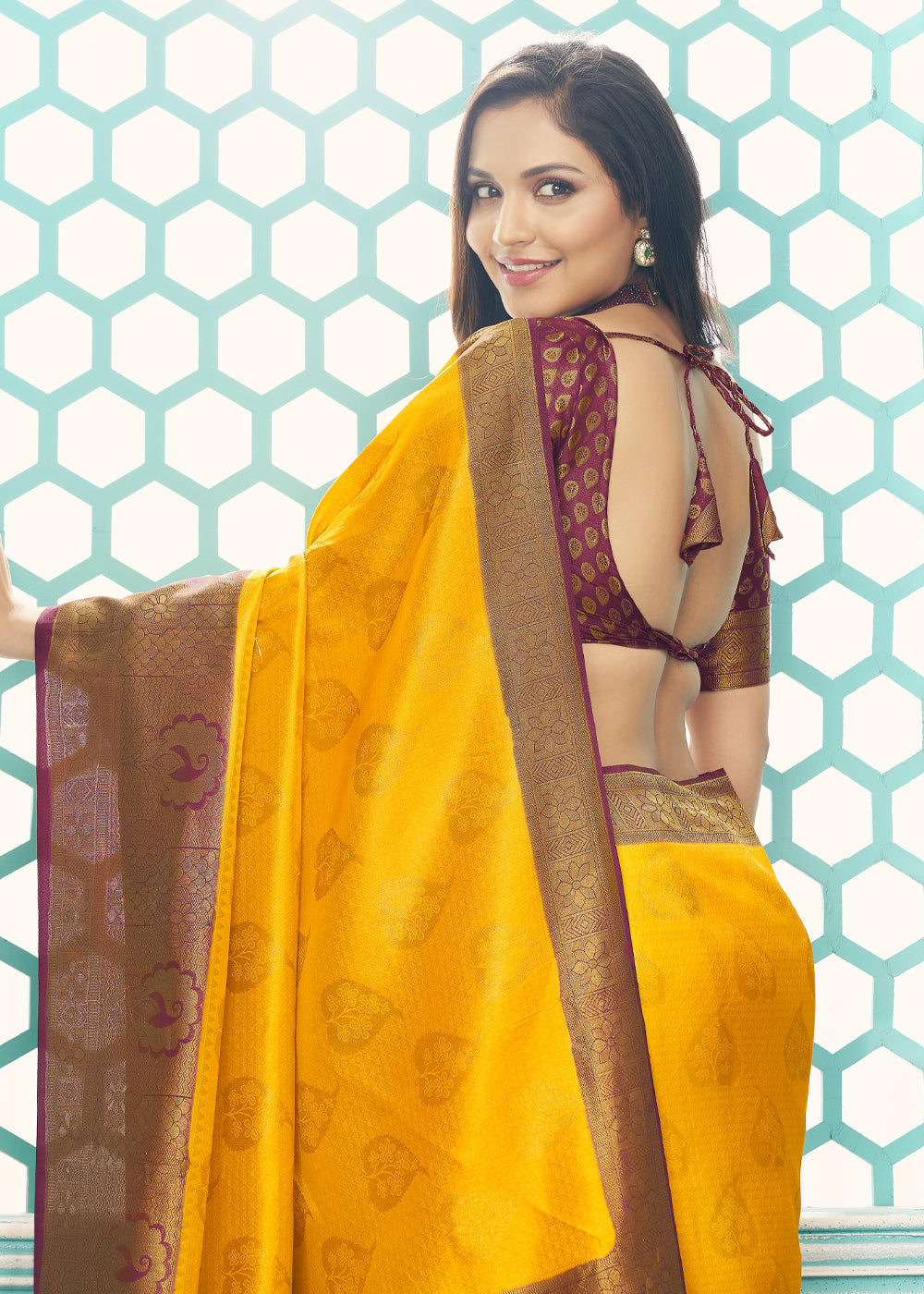 Buy MySilkLove Mustard Yellow and Brown Kanjivaram Saree Online
