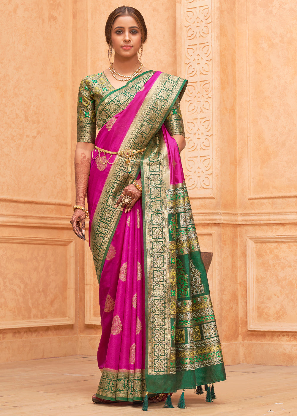 Buy MySilkLove Cerise Pink and Green Zari Woven Banarasi Silk Saree Online