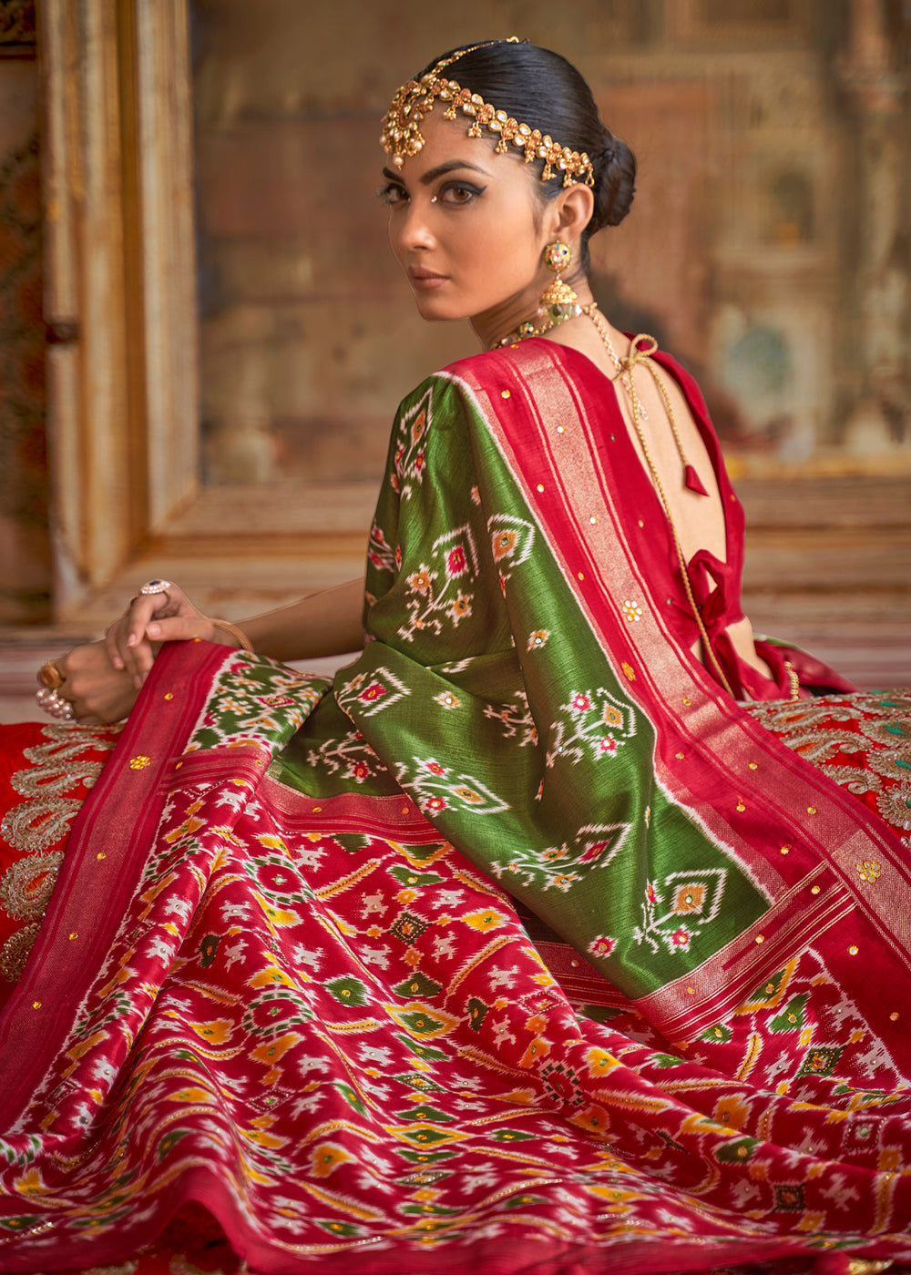 MySilkLove Hemlock Green and Red Woven Patola Silk Saree