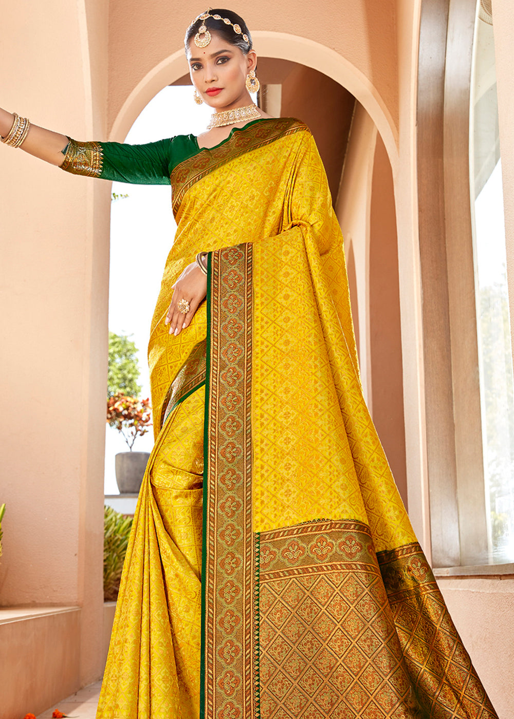 MySilkLove Lemon Yellow Woven Banarasi Silk Saree