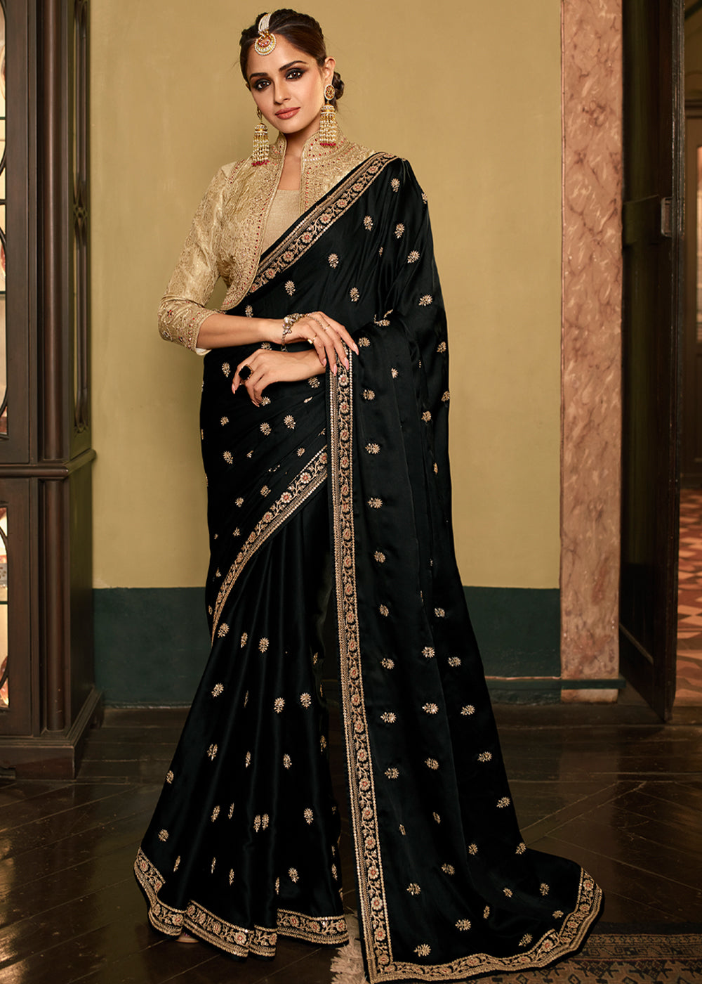 Buy MySilkLove Deep Black Designer Embroidered Silk Saree Online