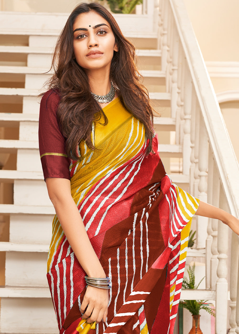 Buy MySilkLove Merlot Red Yellow and Brown Cotton Saree With Leheriya Print Online