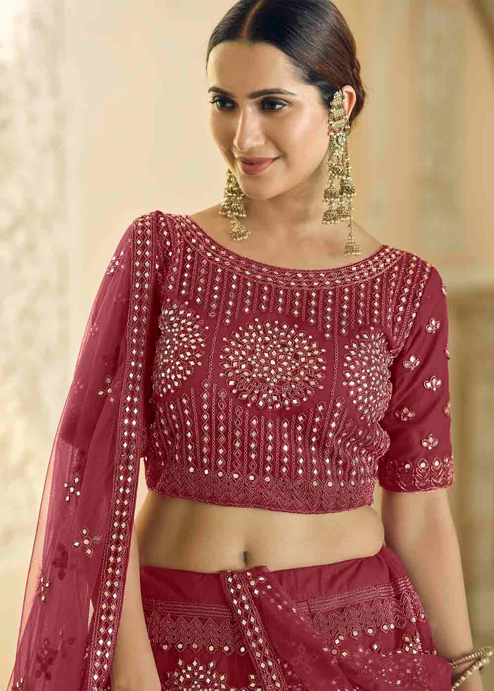 Buy MySilkLove Nutmeg Red Soft Net Lehenga Choli Online