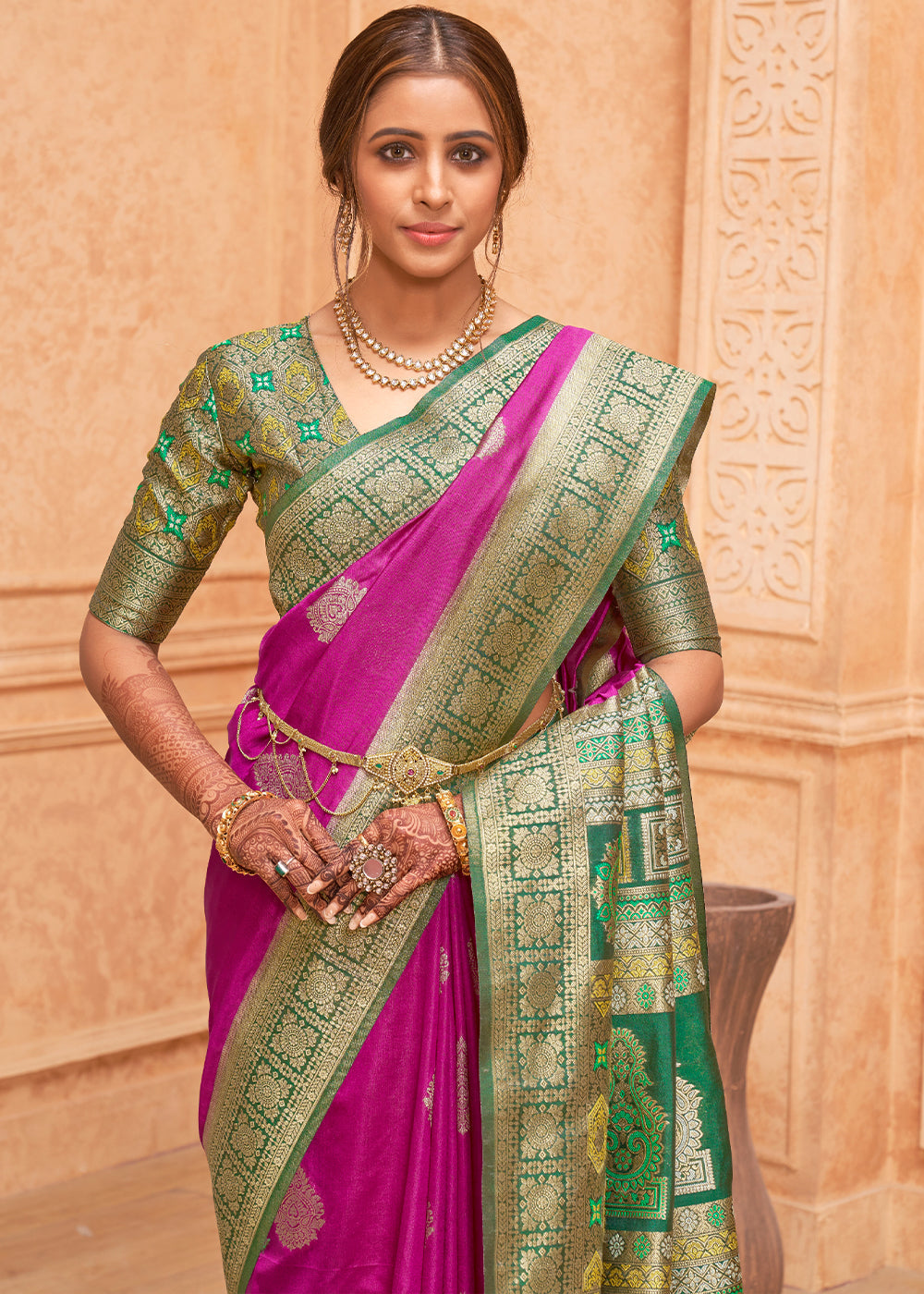 Buy MySilkLove Cerise Pink and Green Zari Woven Banarasi Silk Saree Online