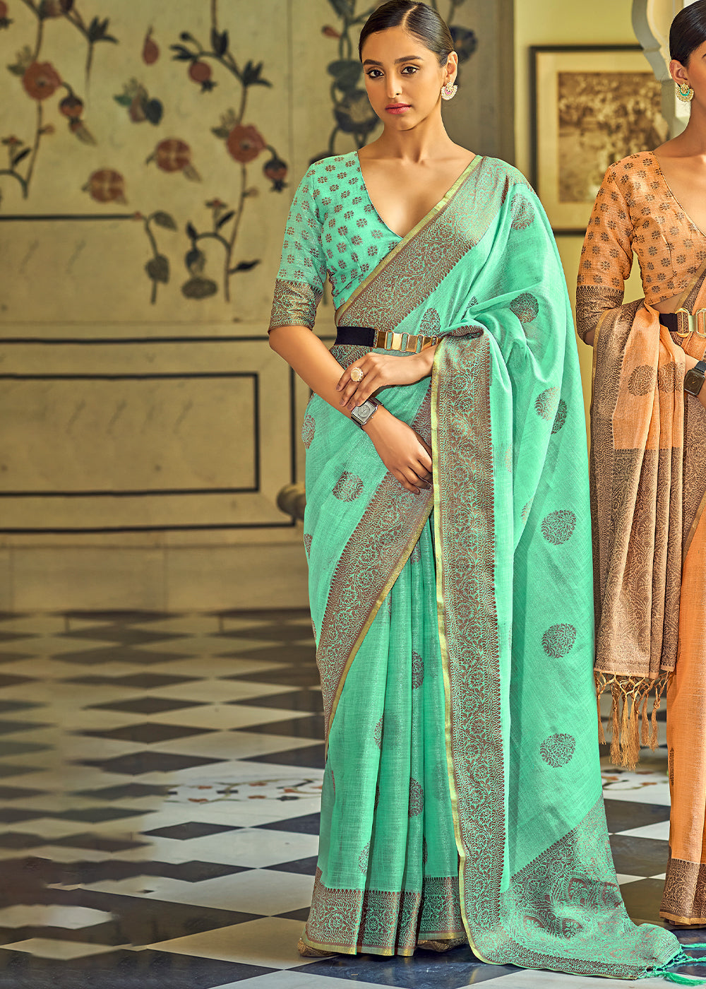 Buy MySilkLove Caribbean Green Linen Silk Saree Online