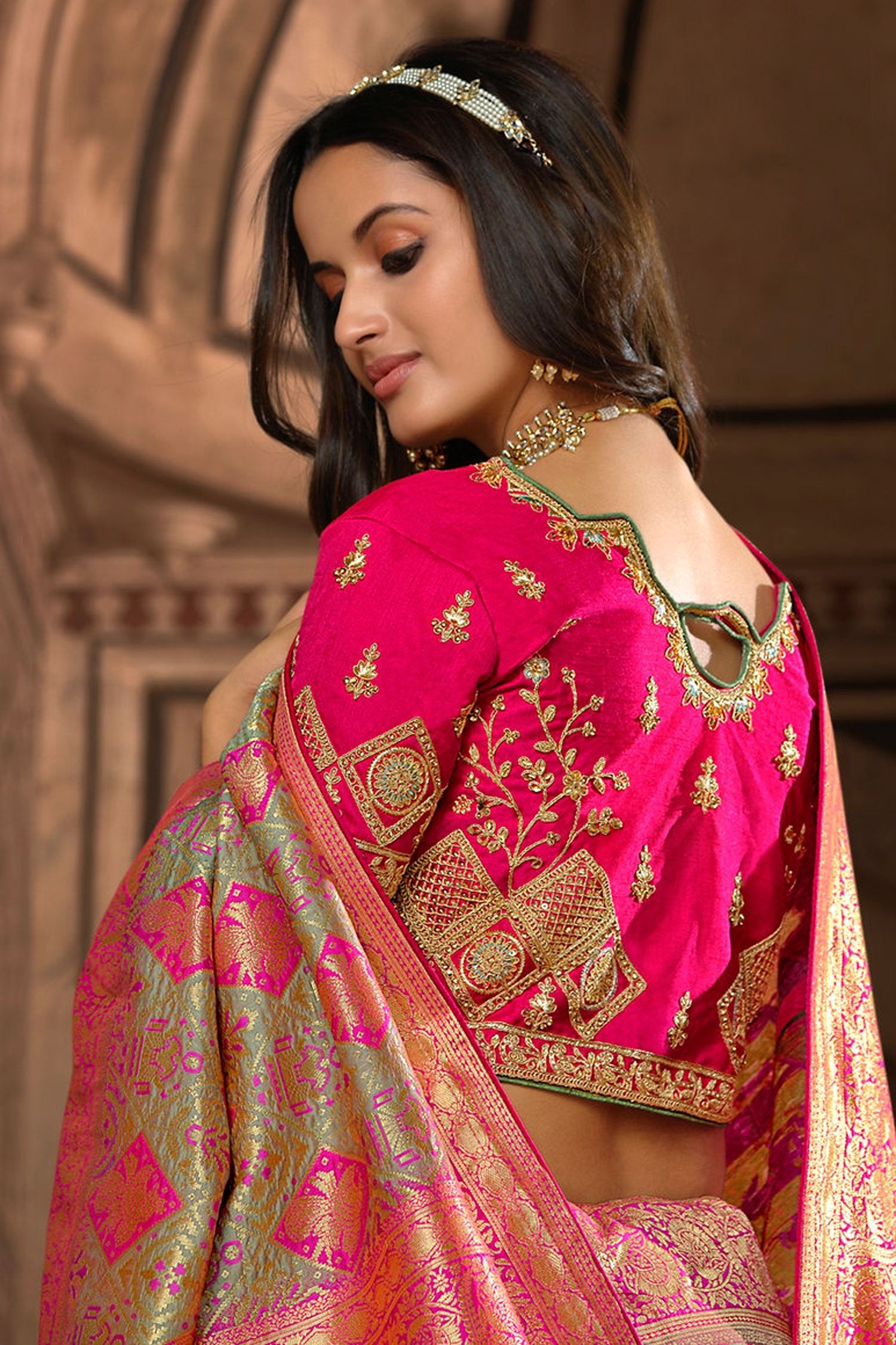 Buy MySilkLove Birch Green and Pink Designer Banarasi Woven Silk Saree Online