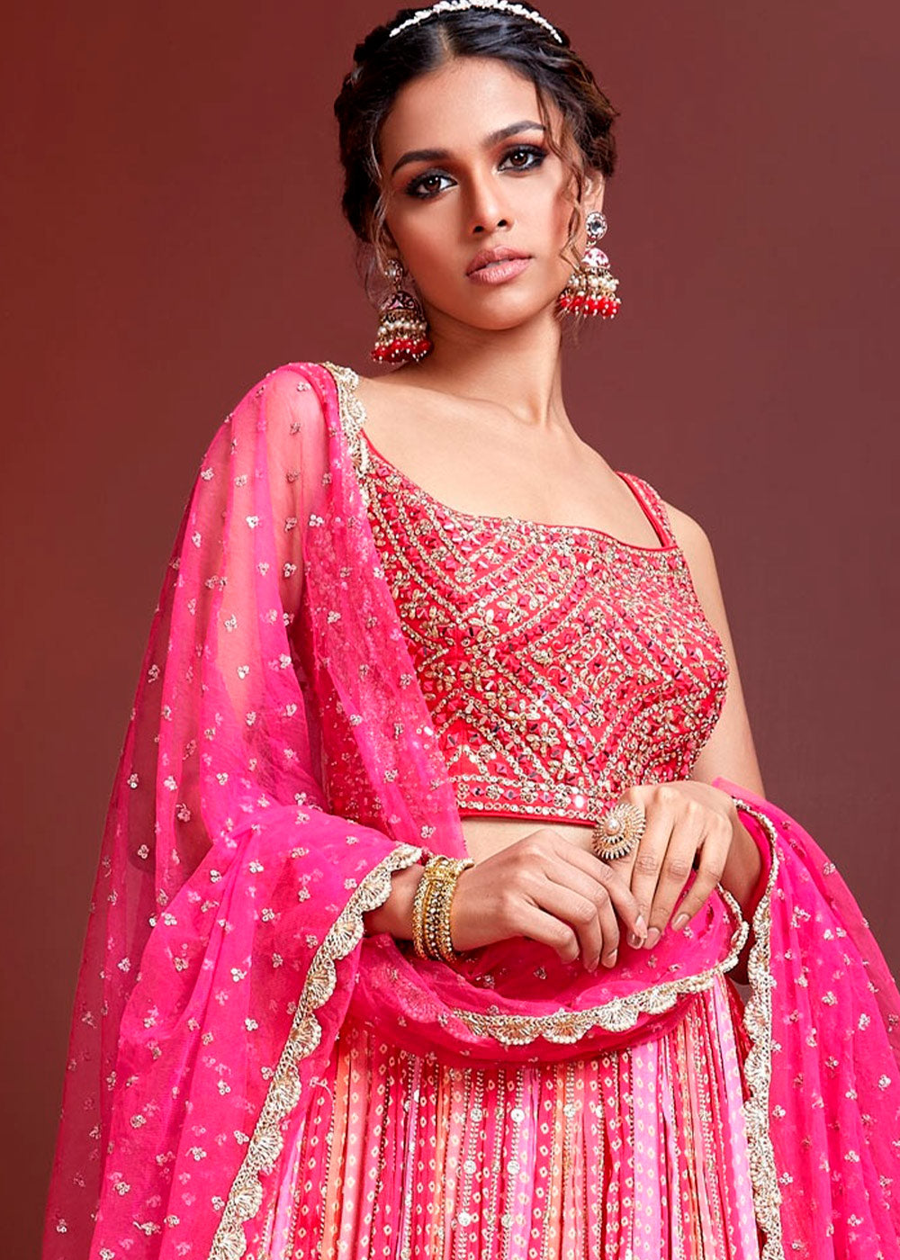 Buy MySilkLove Wild Watermelon Pink Bandhani Printed Chinon Silk Lehenga Choli Online