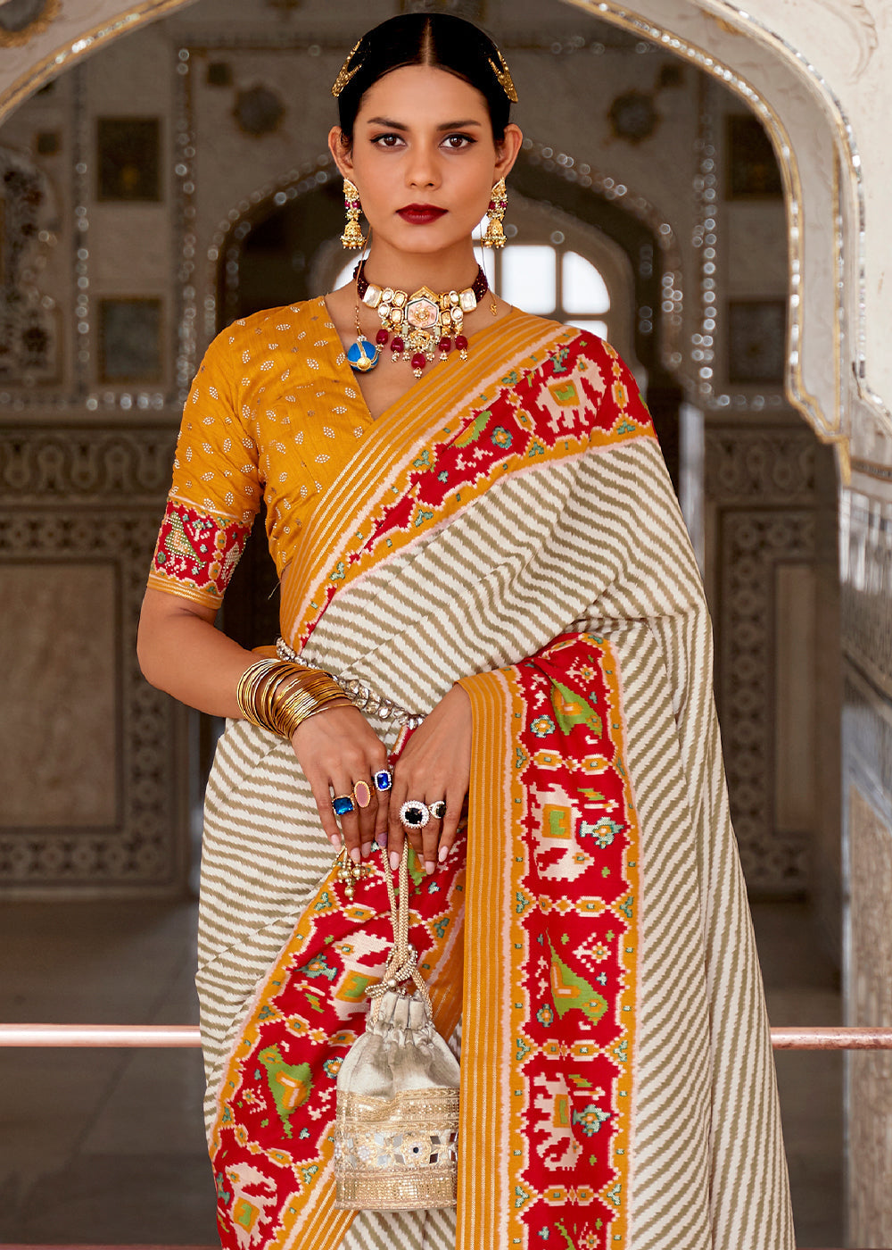 Buy MySilkLove Cameo White and Orange Cotton Patola Printed Saree Online