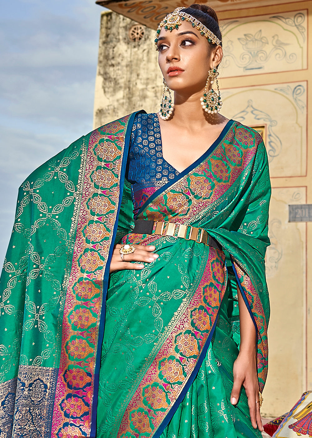 Buy MySilkLove Paradiso Green and Blue Woven Soft Silk Saree Online