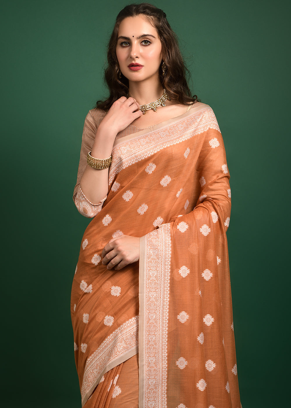 Buy MySilkLove Macaroni Orange Chikankari Chanderi Cotton Woven Saree Online