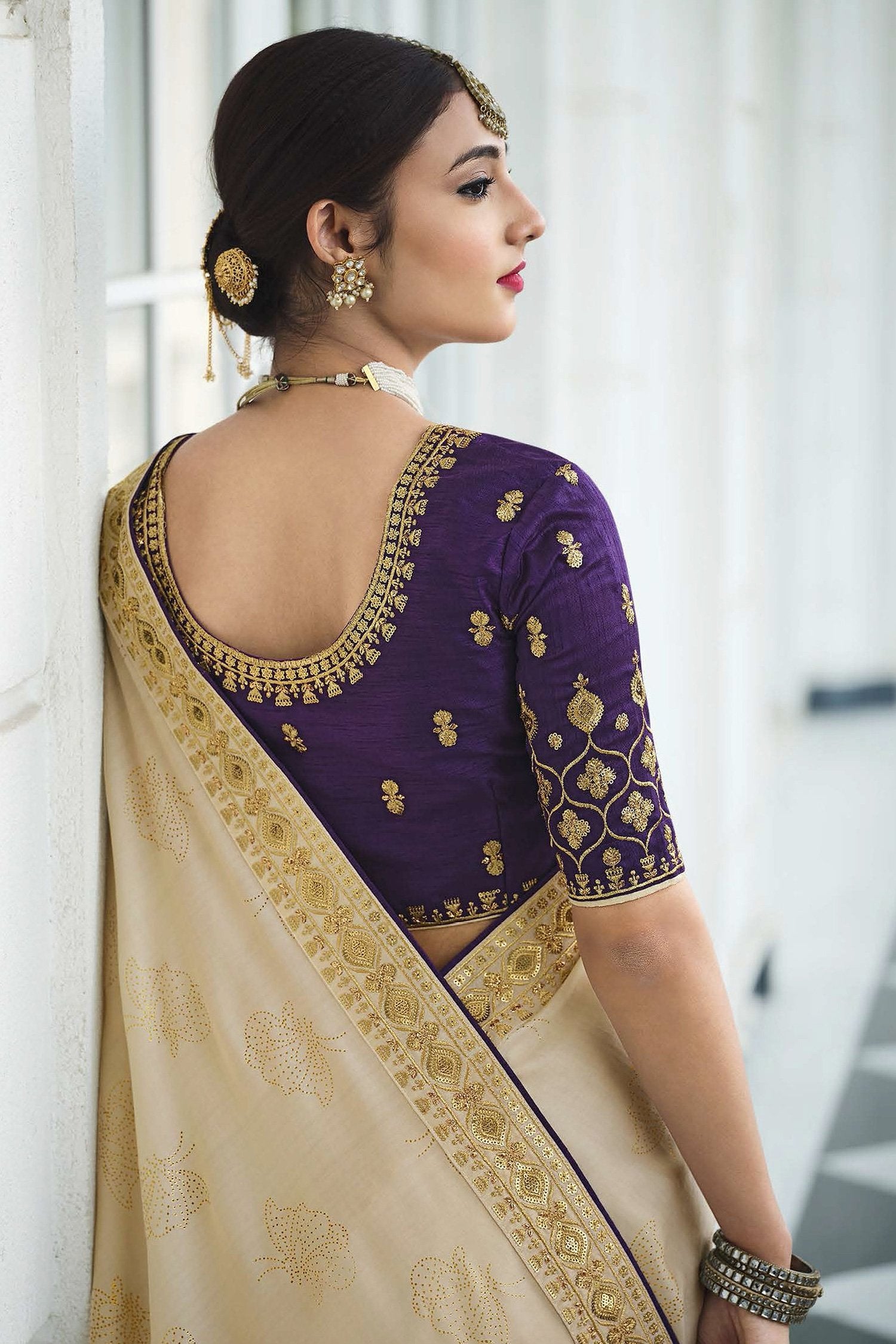 Buy MySilkLove Hampton Cream and Purple Chiffon Stone Work Saree Online