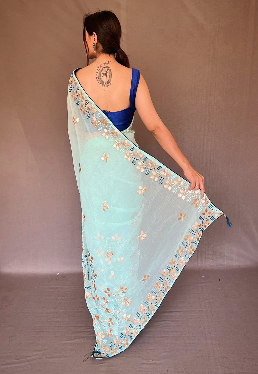 Buy MySilkLove Pale Leaf Blue Embroidered Organza Silk Saree Online