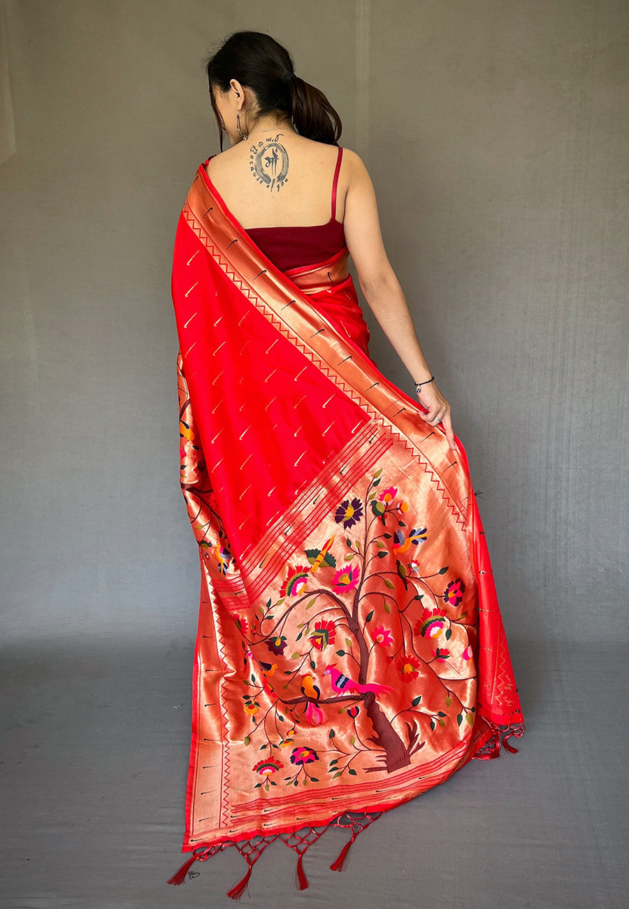 Buy MySilkLove Flamingo Red Woven Paithani Silk Saree Online