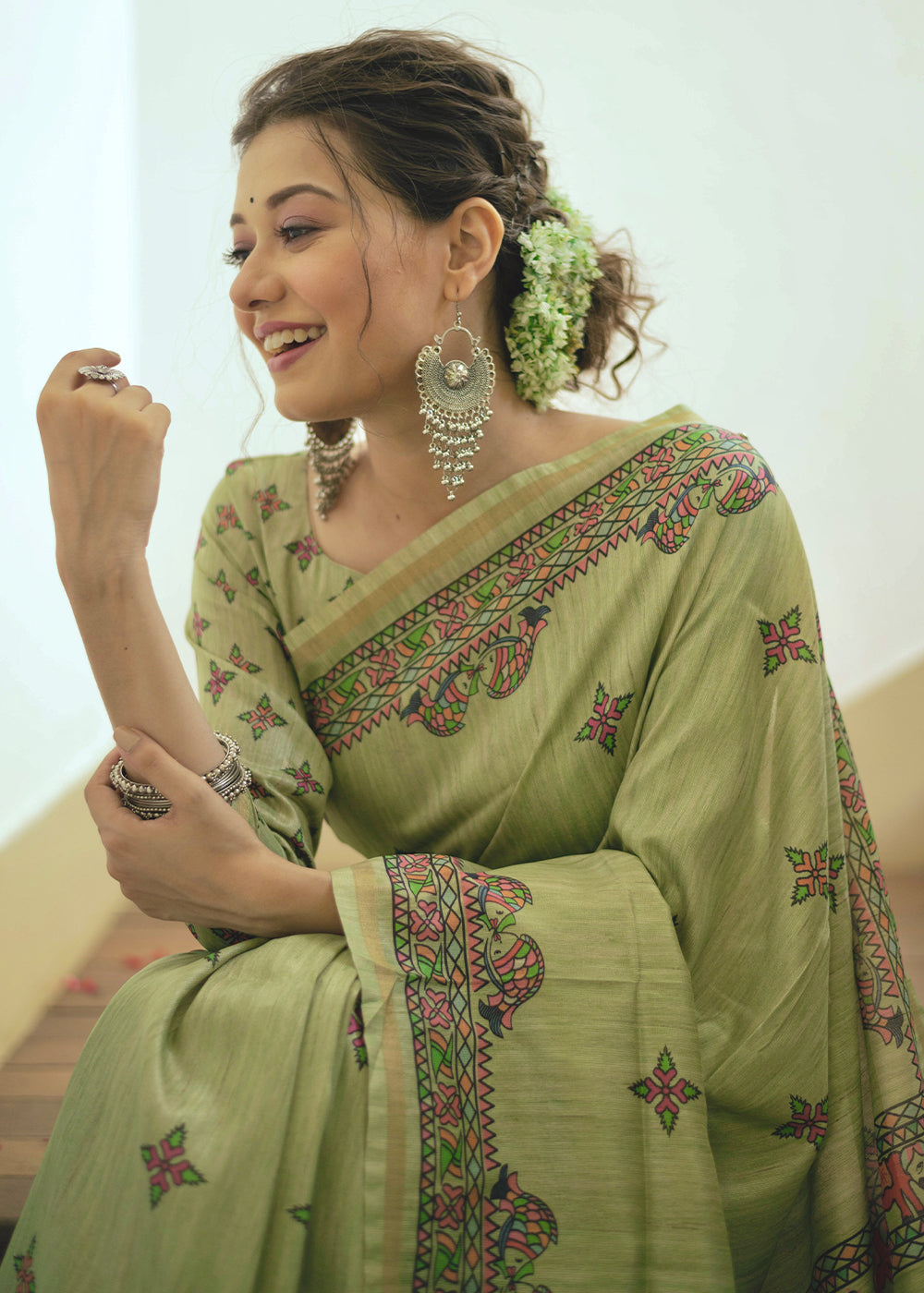 Buy MySilkLove Green Smoke Kalamkari Printed Silk Saree Online