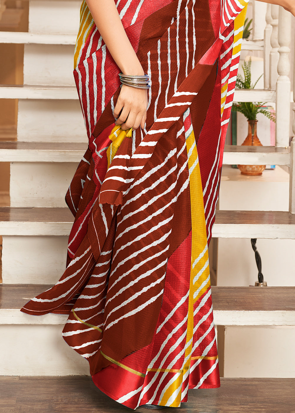 Buy MySilkLove Merlot Red Yellow and Brown Cotton Saree With Leheriya Print Online