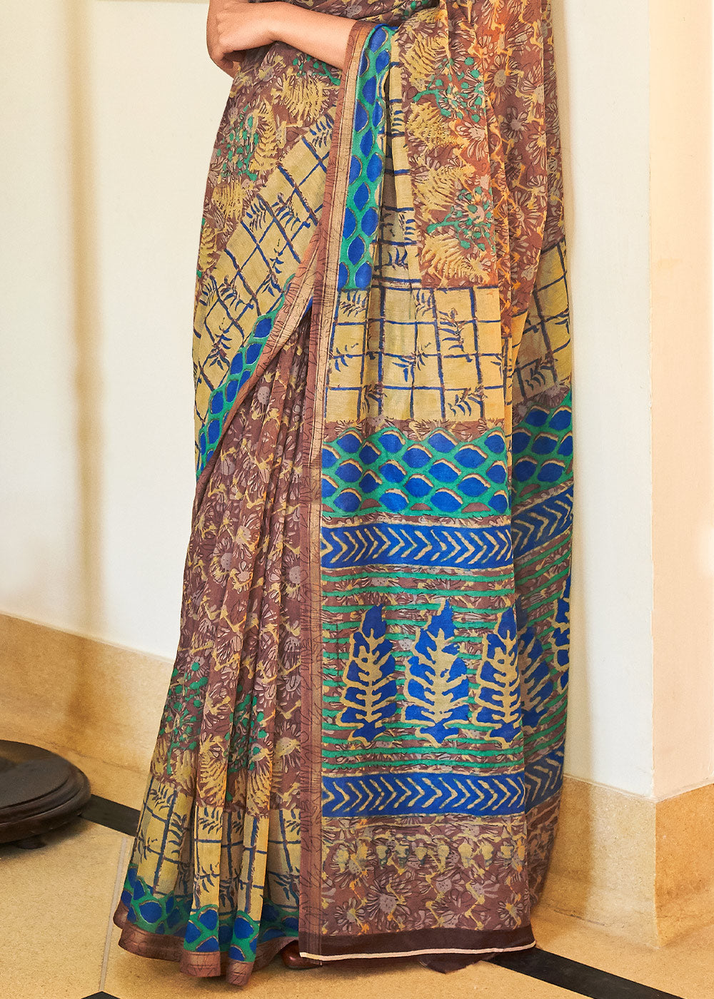 Buy MySilkLove Congo Brown and Blue Cotton Linen Batik Printed Saree Online