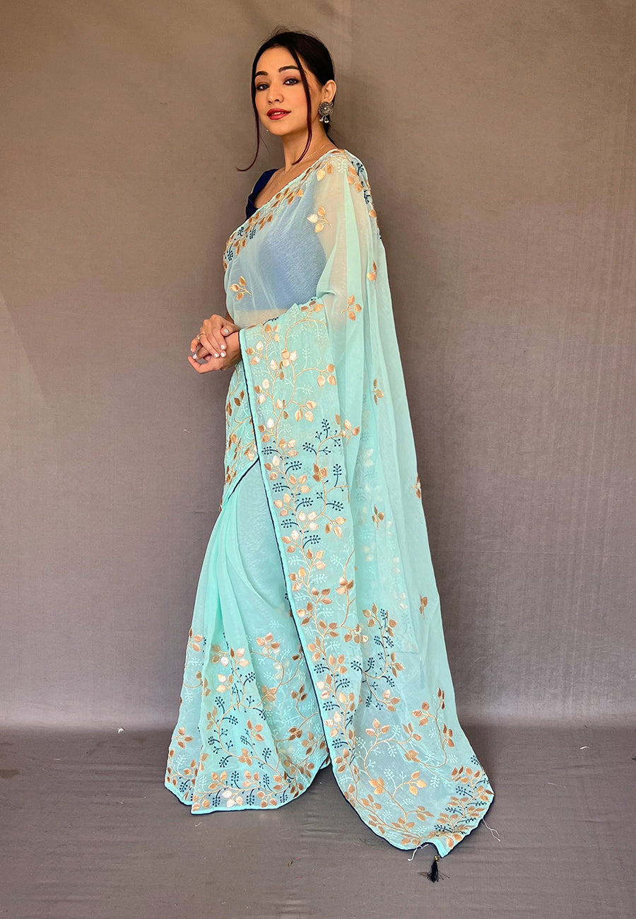 Buy MySilkLove Pale Leaf Blue Embroidered Organza Silk Saree Online