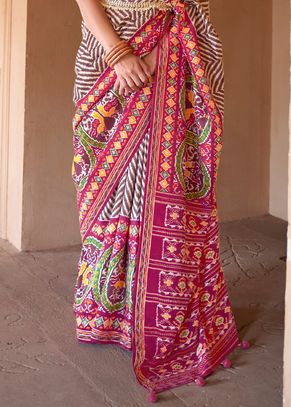 Buy MySilkLove Fawn Brown and Pink Printed Patola Silk Saree Online