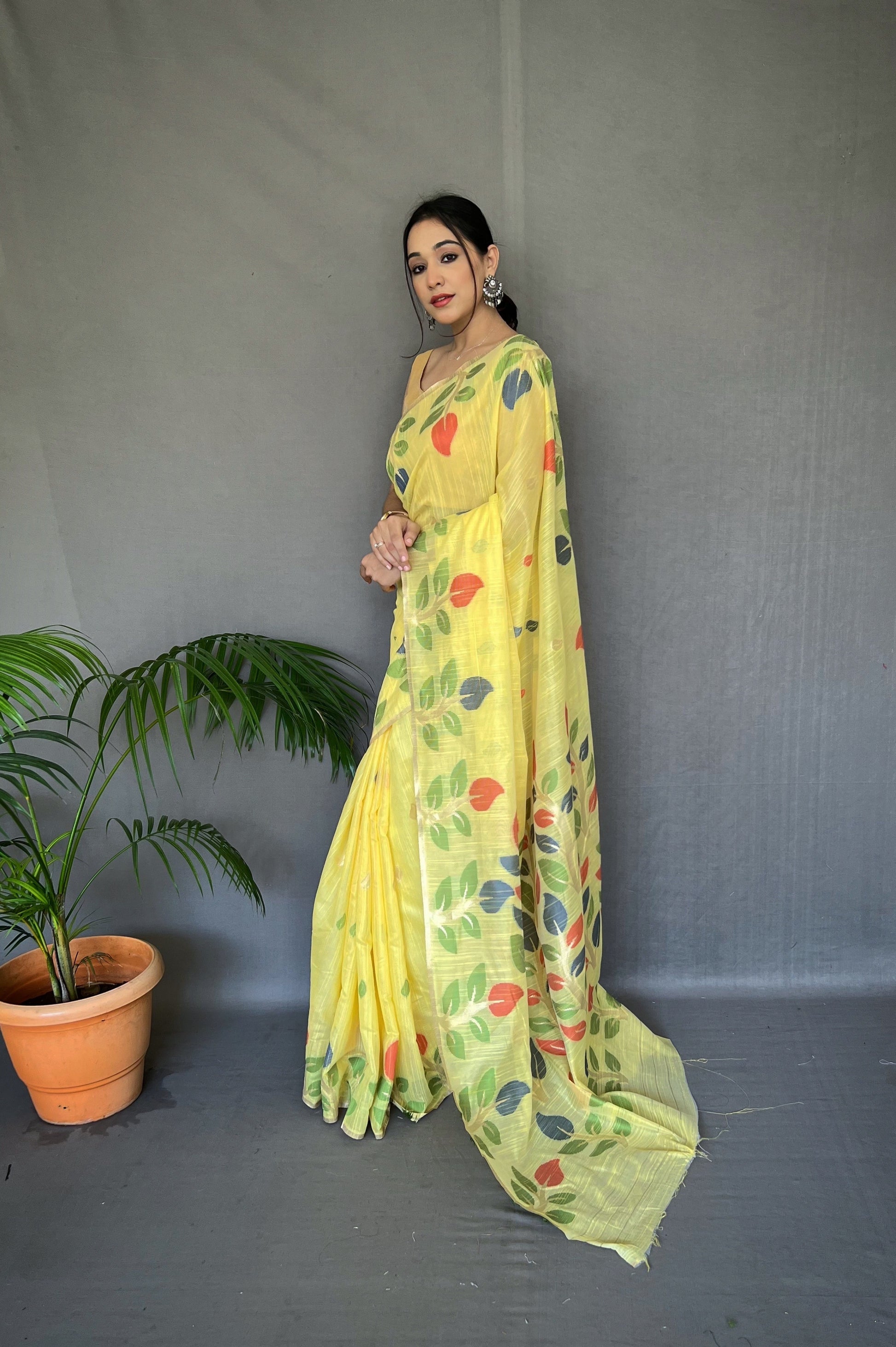 Buy MySilkLove Sweet Corn Yellow Woven Cotton Jamdani Silk Saree Online