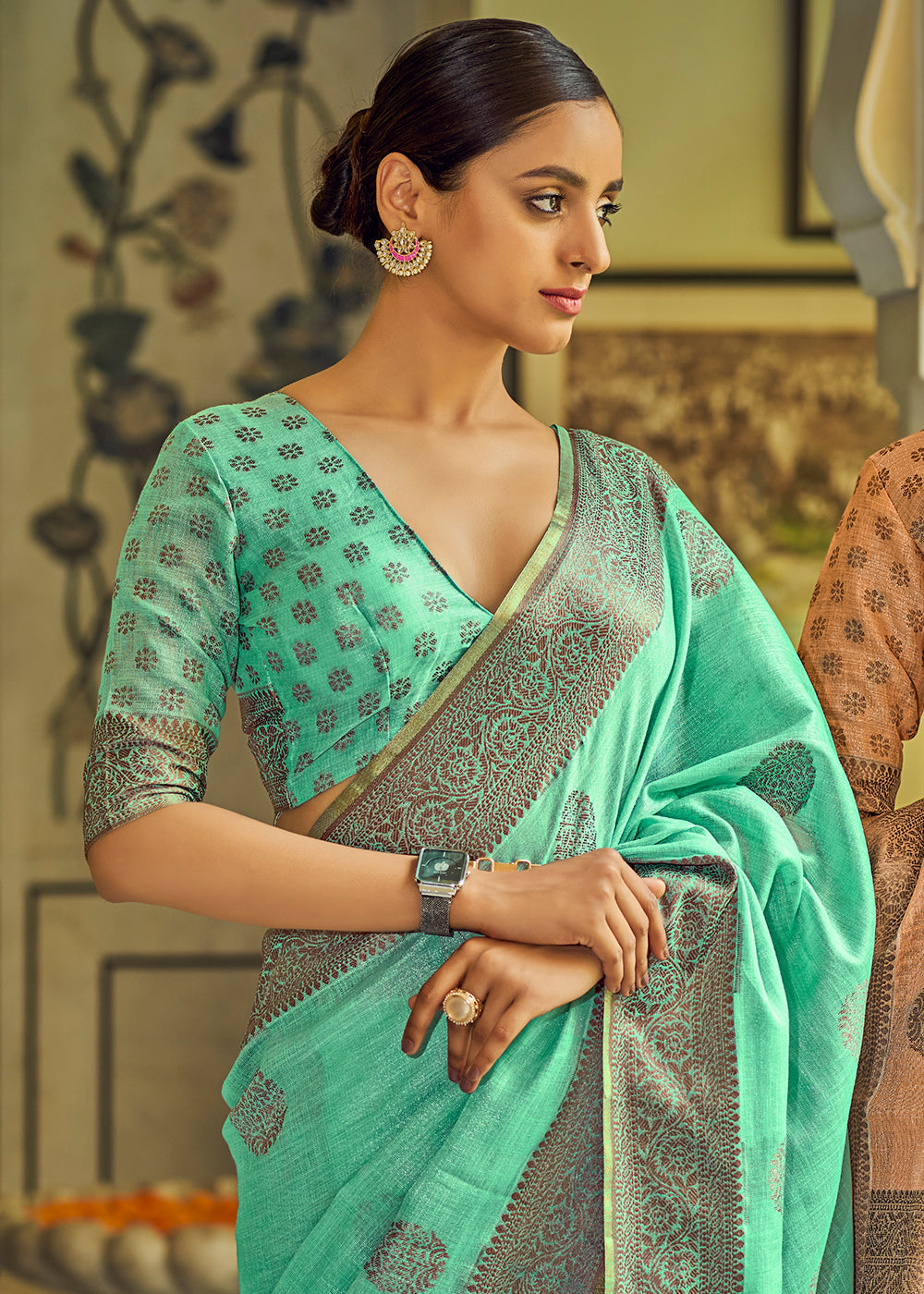 Buy MySilkLove Caribbean Green Linen Silk Saree Online