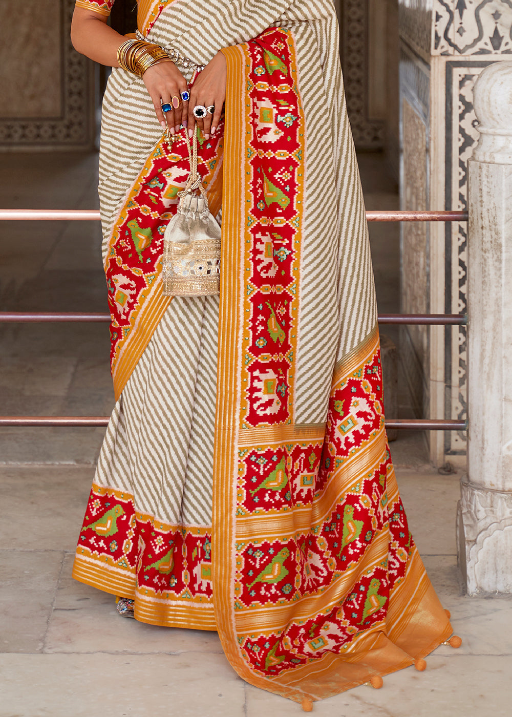 Buy MySilkLove Cameo White and Orange Cotton Patola Printed Saree Online