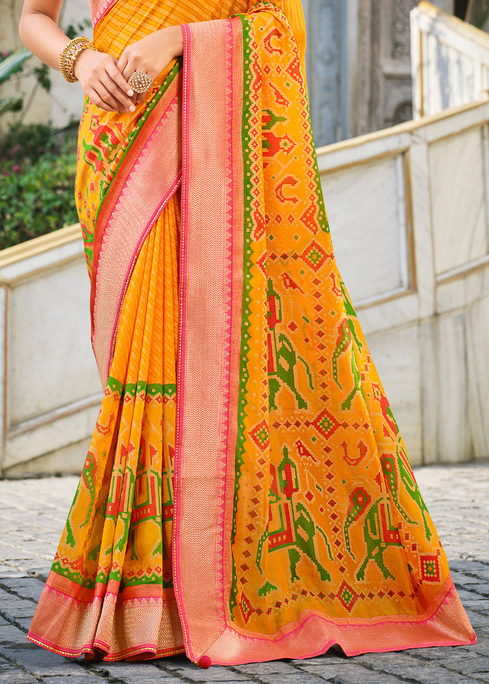 Buy MySilkLove Sunglow Yellow Brasso Patola Printed Saree Online