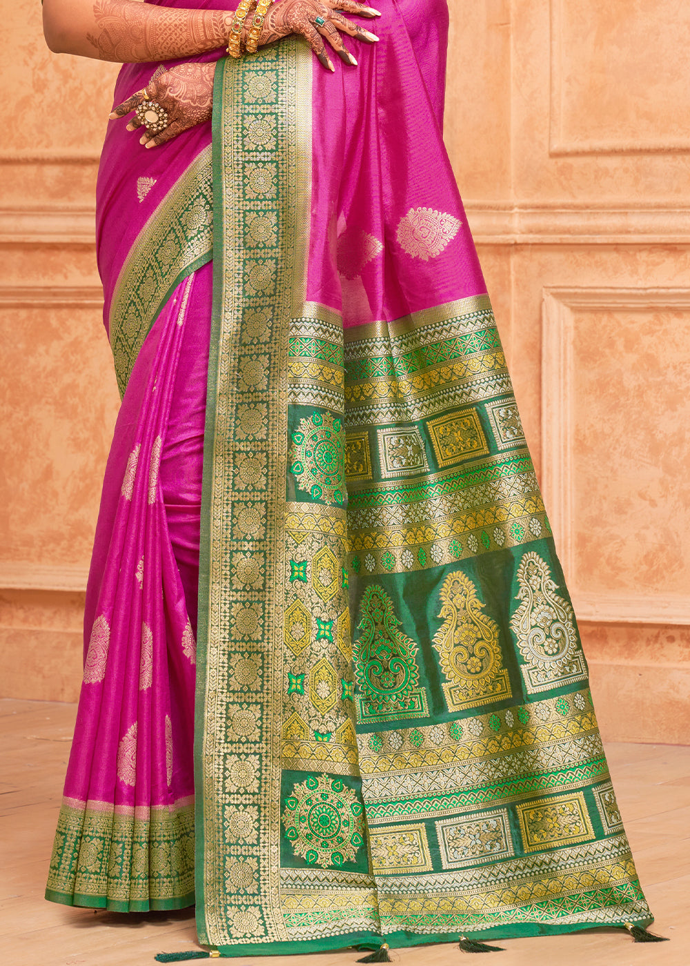 Buy MySilkLove Cerise Pink and Green Zari Woven Banarasi Silk Saree Online