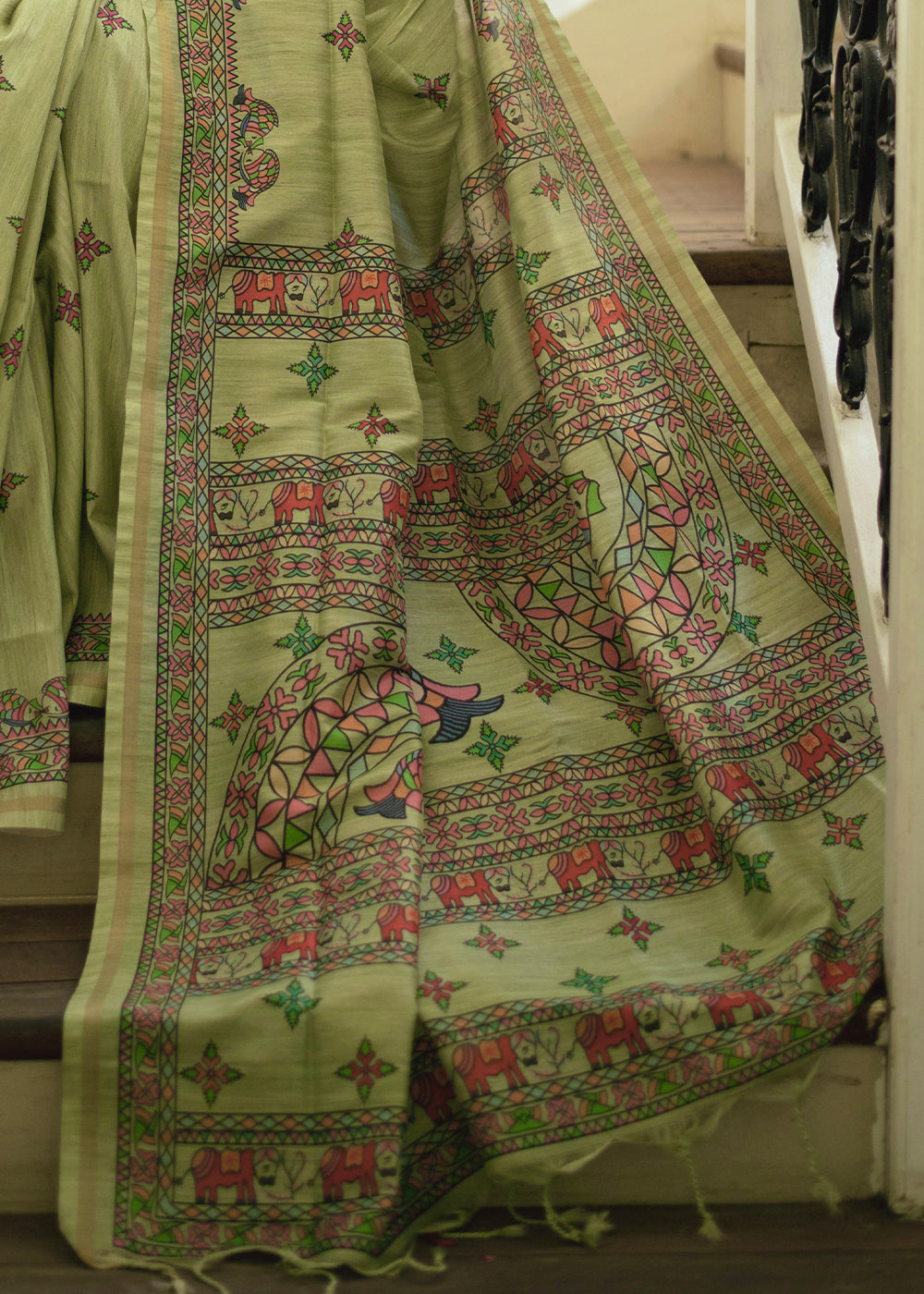 Buy MySilkLove Green Smoke Kalamkari Printed Silk Saree Online