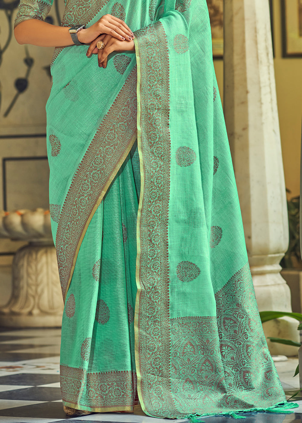 Buy MySilkLove Caribbean Green Linen Silk Saree Online