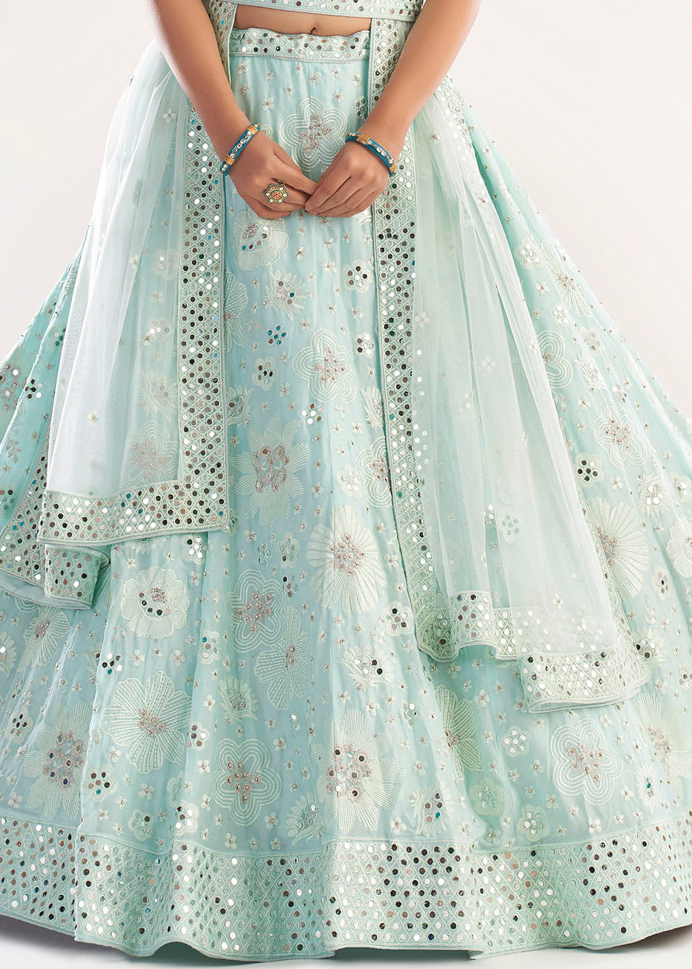 Buy MySilkLove Moon Mist Blue Net Designer Lehenga Choli Online