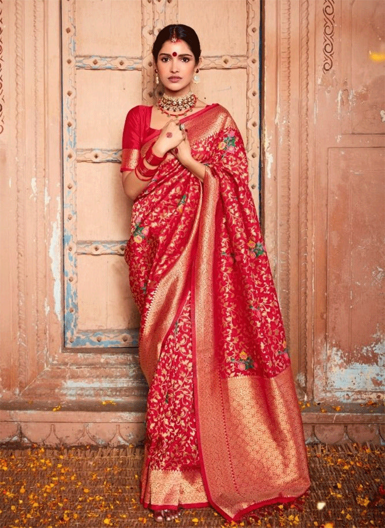 Buy MySilkLove Cognac Red Zari Woven Banarasi Soft Silk Saree Online