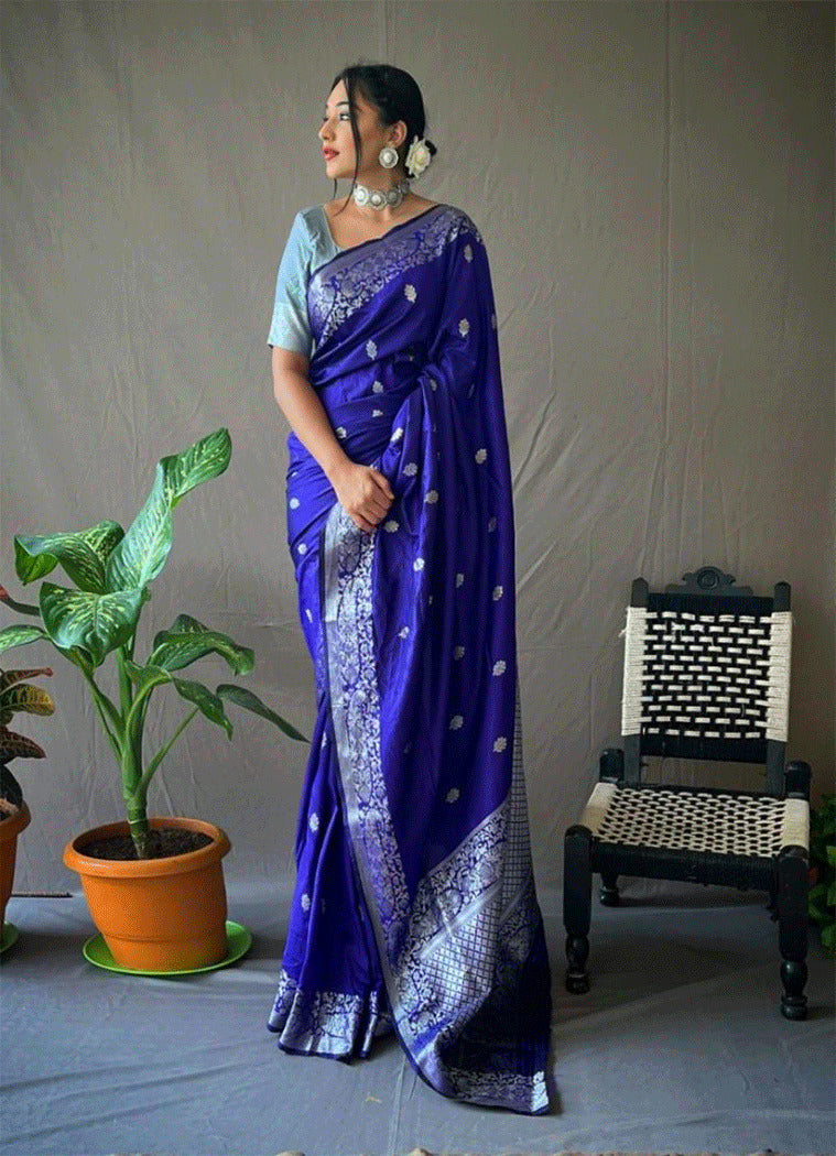 Buy MySilkLove Lucky Point Blue Zari Woven Banarasi Silk Saree Online