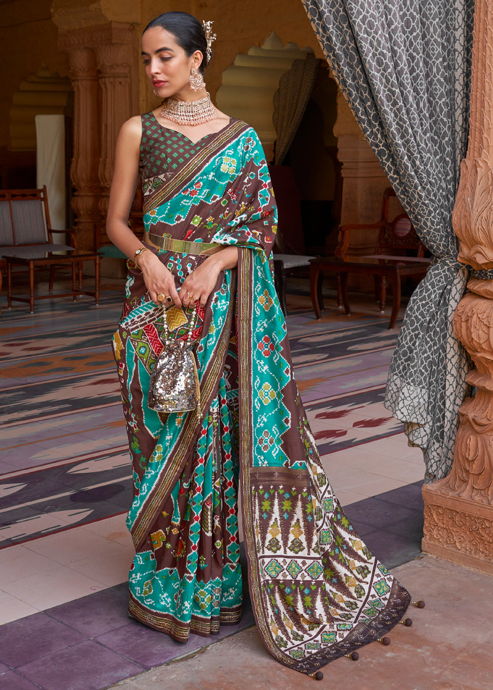 Buy MySilkLove Viridian Blue Woven Patola Silk Saree Online