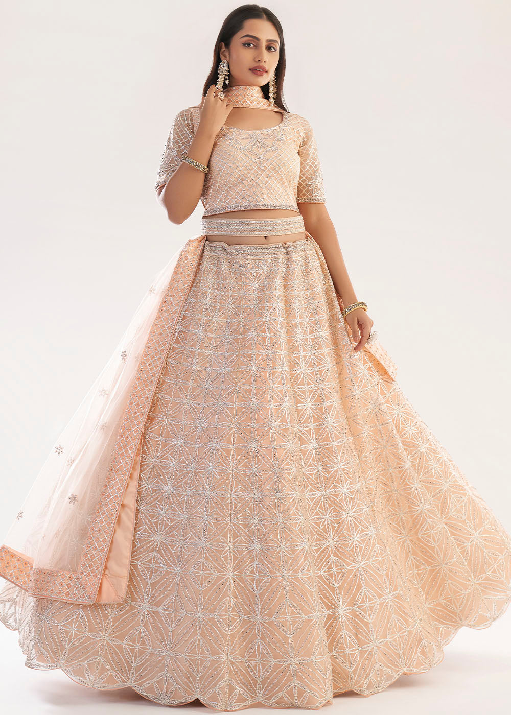 MySilkLove Manhattan Peach Net Designer Lehenga Choli