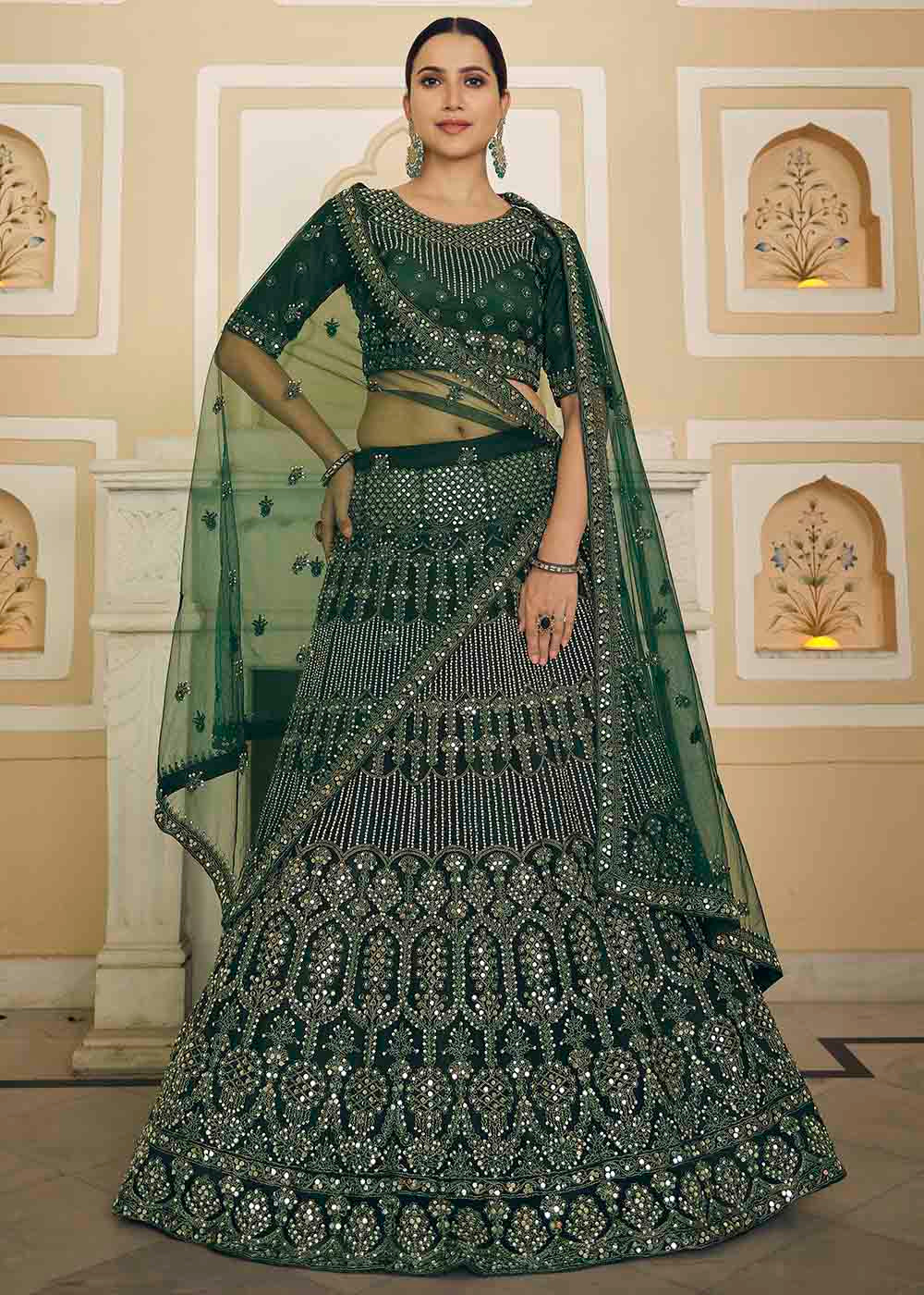 Buy MySilkLove Leather Jacket Green Soft Net Lehenga Choli Online