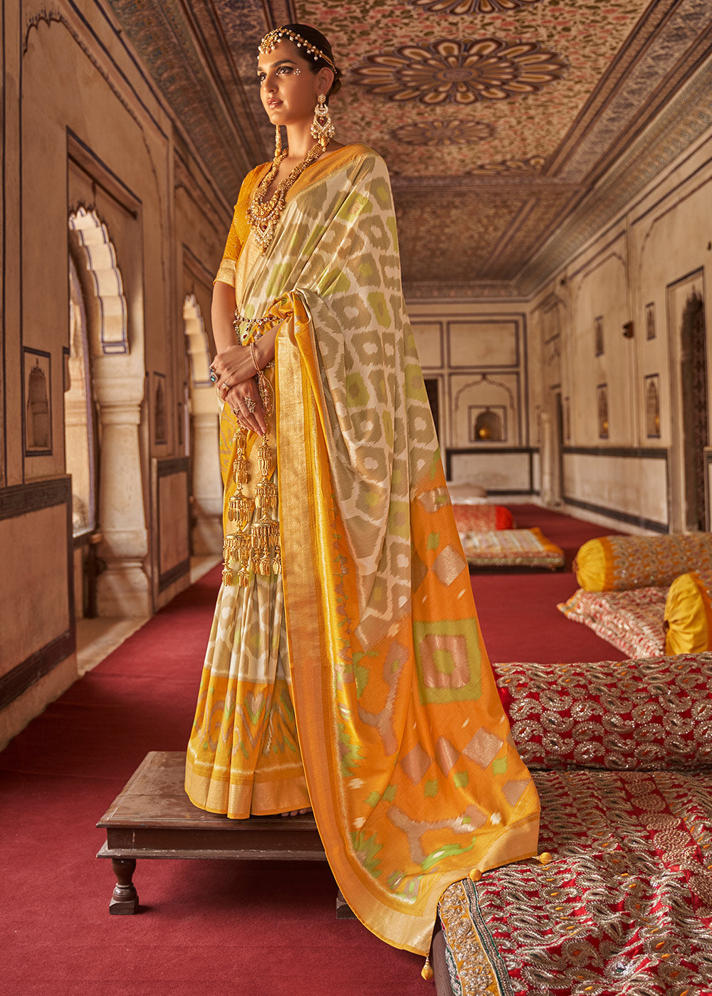 Buy MySilkLove Anzac Yellow and Cream Printed Patola Silk Saree Online