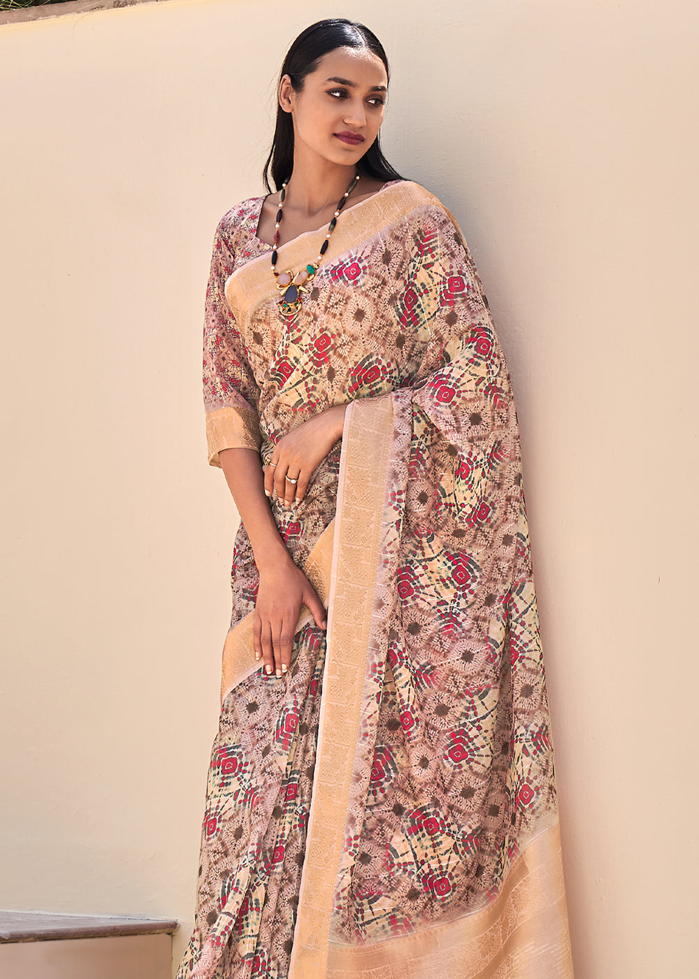 Buy MySilkLove Tan Purple Digital Print Linen Saree Online