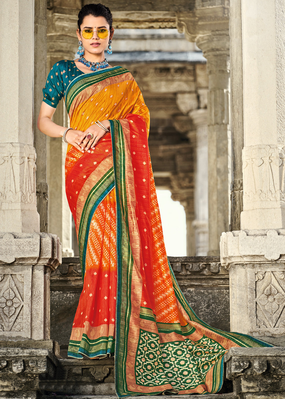 Buy MySilkLove Gamboge Orange and Green Gadhwal Silk Saree Online