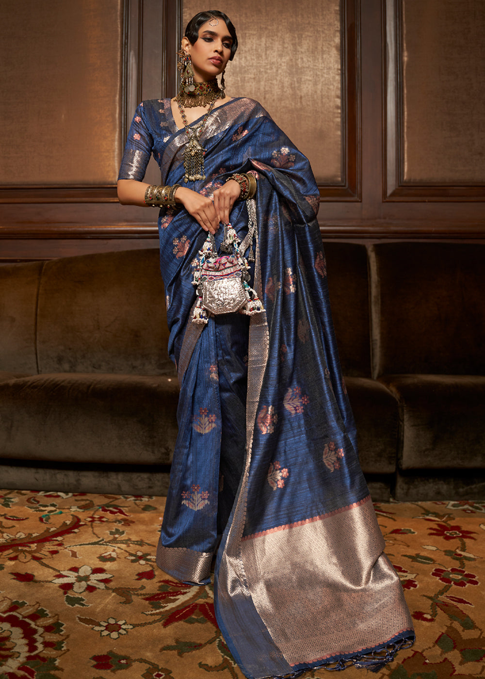 Buy MySilkLove Blue Bayoux Zari Woven Banarasi Raw Silk Saree Online