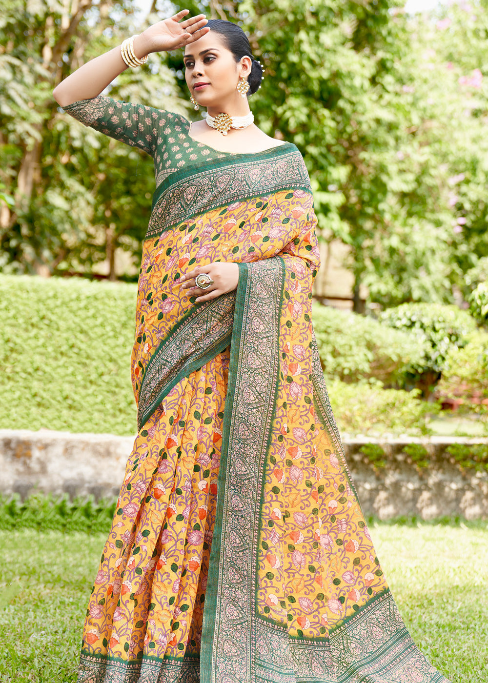 Buy MySilkLove Sunset Yellow Linen Kalamkari Digital Print Saree Online