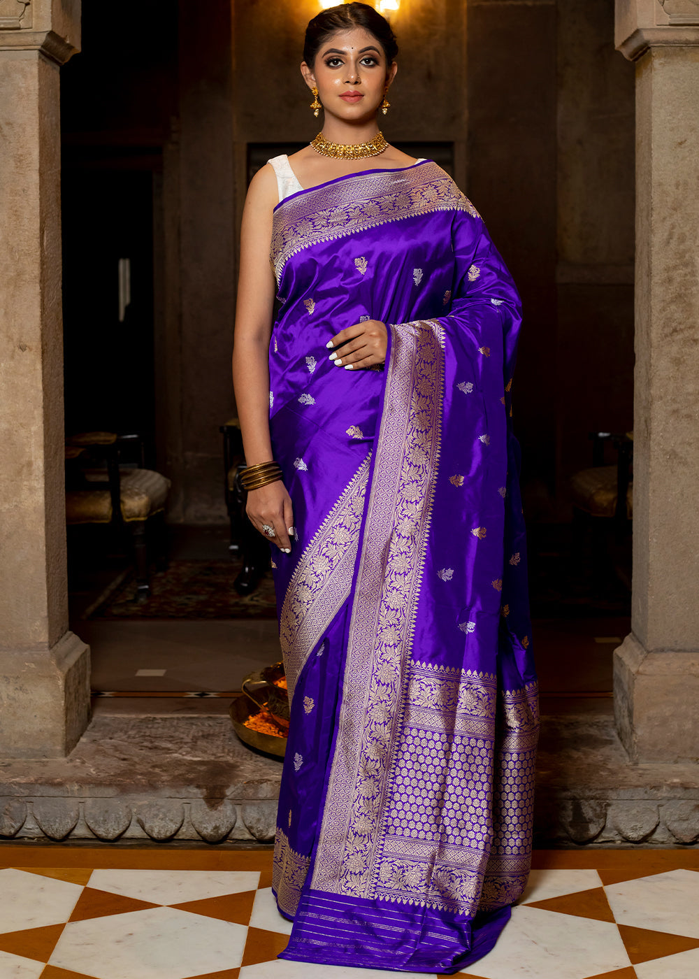 Buy MySilkLove Grape Blue Hand Woven Katan Pure Silk Saree Online