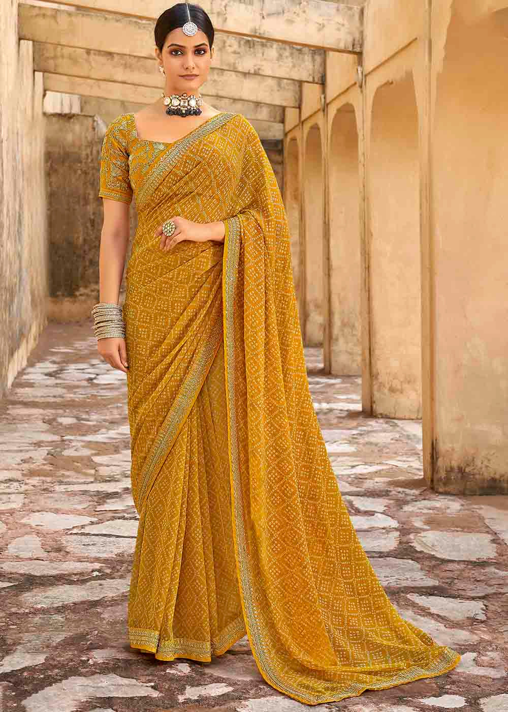 Buy MySilkLove Rajah Yellow Georgette Leheriya Printed Saree with Embroidered Blouse Online