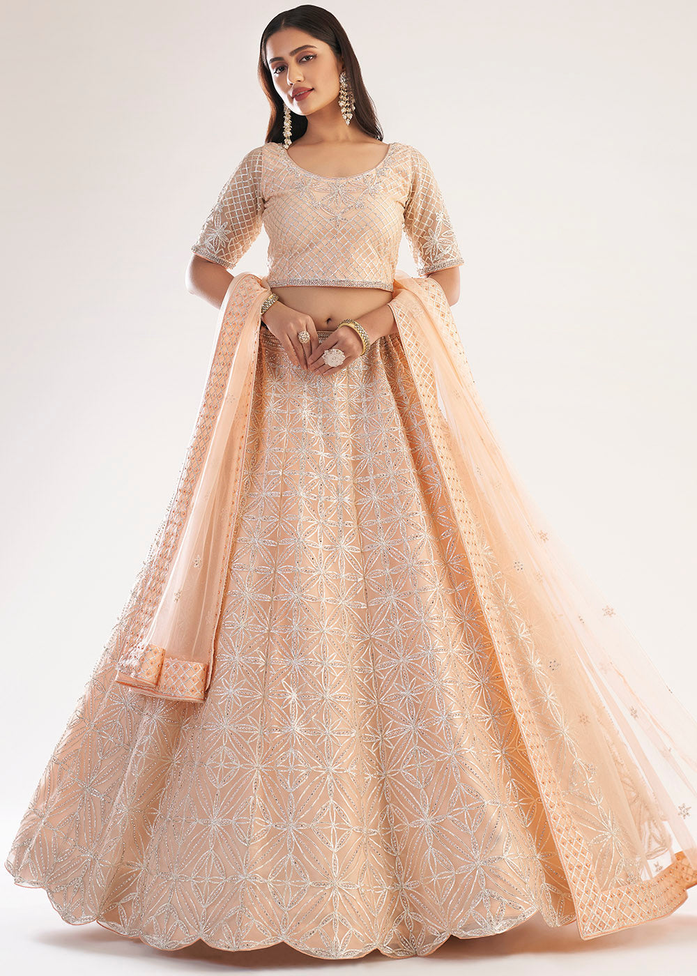 Buy MySilkLove Manhattan Peach Net Designer Lehenga Choli Online